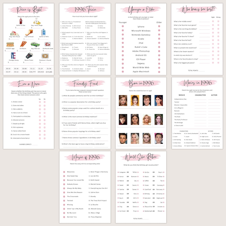 May include: A collection of printable party games with pink accents and headings. Games include trivia, 'Would She Rather,' and 'Movies in 1996.' The text includes 'Price is Right,' '1996 Trivia,' and 'Ever or Never.'