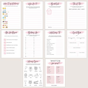 May include: A collection of printable birthday party games on white paper with pink accents. Games include "Maie Ergi Dictionary", "Who Are ??", "Bucket List", "Tell a Tale", "Role and Respond", and "Birthday Abe".