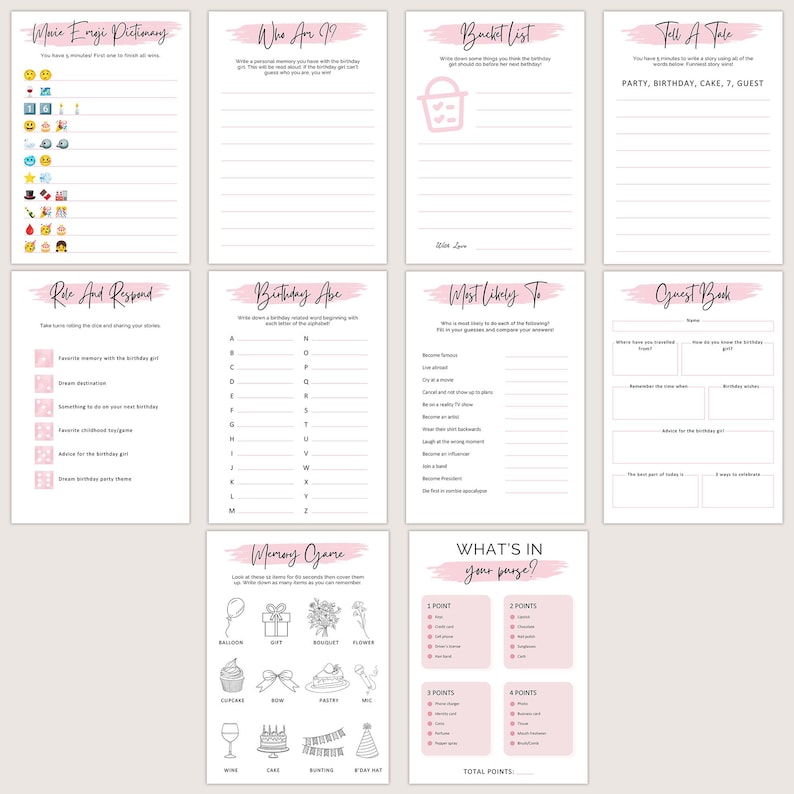 May include: A collection of printable birthday party games on white paper with pink accents. Games include "Maie Ergi Dictionary", "Who Are ??", "Bucket List", "Tell a Tale", "Role and Respond", and "Birthday Abe".