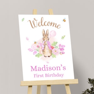 Peter Rabbit Welcome Sign Pink Bunny Birthday Sign Flopsy Bunny First Birthday Welcome Poster Girl Rustic Bunny Party Decor EDITABLE P05