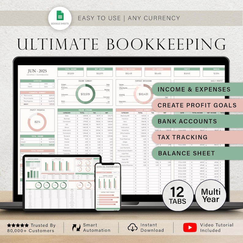 Puede incluir: Un port&aacute;til, una tableta y un tel&eacute;fono muestran una hoja de c&aacute;lculo de contabilidad con el texto "ULTIMATE BOOKKEEPING". La interfaz incluye secciones para ingresos, gastos y cuentas bancarias. La imagen tambi&eacute;n incluye el texto "EASY TO USE | ANY CURRENCY."
