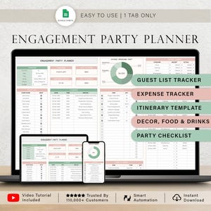 May include: A laptop, tablet, and smartphone display an engagement party planner spreadsheet. The screen shows sections for guest lists, expenses, itinerary, decor, and a party checklist. The text "Easy to Use | 1 Tab Only" is visible.