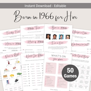 Puede incluir: Un conjunto de juegos de fiesta imprimibles con un diseño rosa y blanco, que incluye trivia, bingo y preguntas de 'Would She Rather'. El texto 'Born in 1966 for Her' se muestra en la parte superior, con '50 Games' en un círculo.