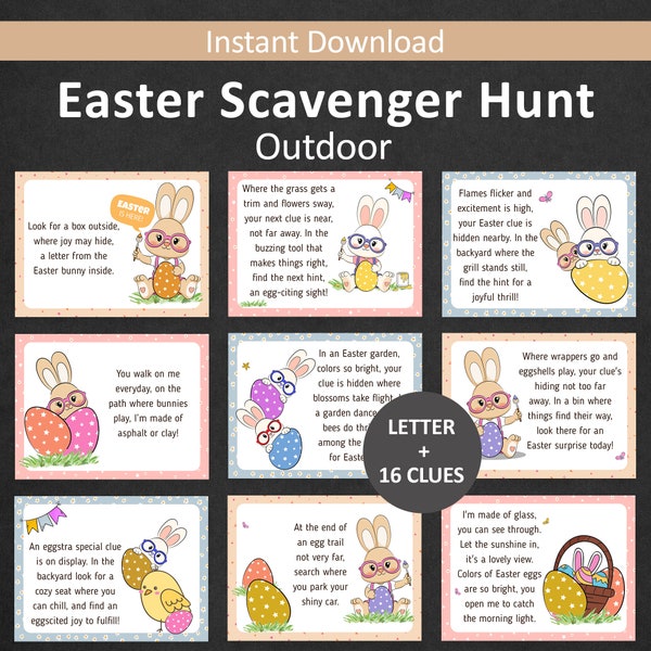 Easter Egg Treasure Hunt for Kids Easter Scavenger Hunt Teens Easter Bunny Hunt Clues Outdoor Easter Basket Riddle Hunt Older Kids PRINTABLE
