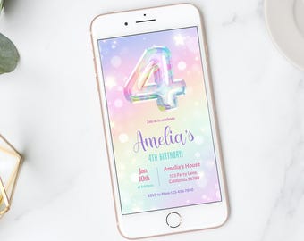 May include: A digital invitation for a 4th birthday party. The invitation features a rainbow iridescent number 4 balloon with stars and a blurred rainbow background. The text reads "Join us to celebrate Amelia's 4th Birthday!" with the date, time, location, and RSVP information.
