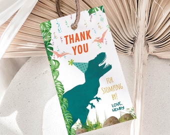 Editable Dinosaur Favor Tag T-Rex Birthday Party Thank You Tags Wild Dino Gift Tags Boy Green Gold Stomp Printable Instant Download D02