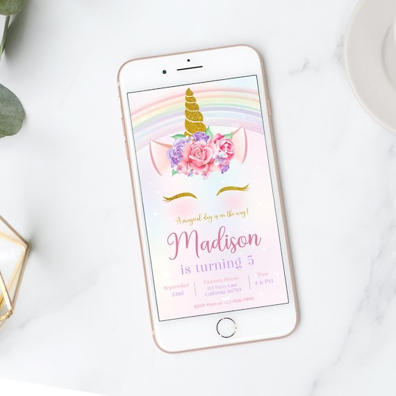 Unicorn Electronic Invitation Unicorn Birthday Invitation Digital Rainbow Mobile Invitation Evite Phone Invite Girl Party EDITABLE U01