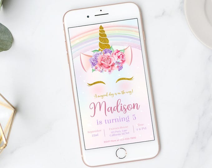 Unicorn Electronic Invitation Unicorn Birthday Invitation Digital Rainbow Mobile Invitation Evite Phone Invite Girl Party EDITABLE U01