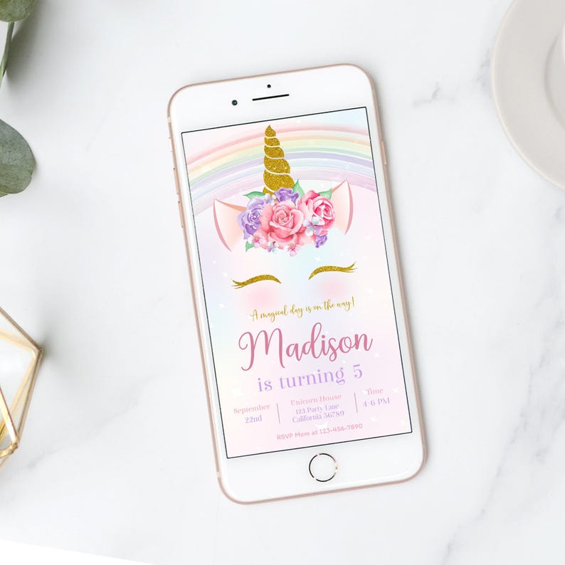 May include: A digital invitation for a unicorn-themed birthday party. The invitation features a rainbow background with a unicorn head and a floral crown. The text reads "A magical day is on the way! Madison is turning 5".