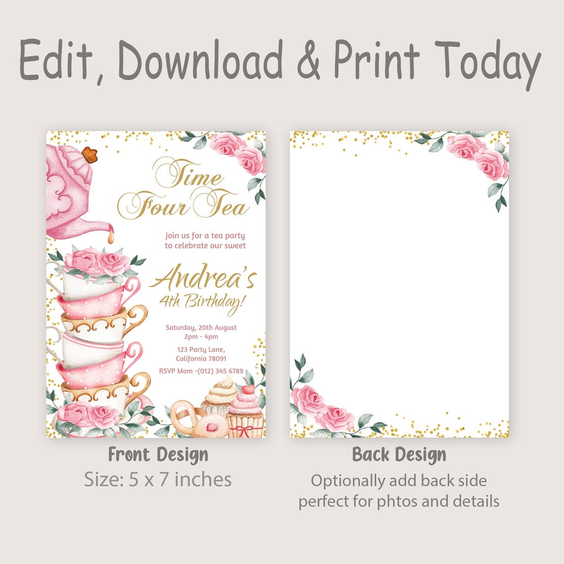 Time Four Tea Invitation Time Four Tea Invitation Tea Party 4th Birthday Invitation Floral Tea ...