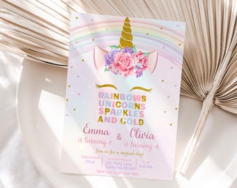 Unicorn Joint Birthday Invitation Rainbow Sparkles Double Birthday Invite Sisters Dual Girls Party Siblings Birthday EDITABLE Instant U01