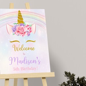Einhorn Willkommensschild Einhorn Geburtstagsschild Einhorn Party Willkommensschild Mädchen Party Regenbogen Thema Poster Dekor Dekoration EDITIERBAR Sofort U01