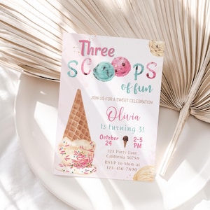 Ice Cream Birthday Invitation Three Scoops of Fun Invitation Ice Cream 3rd Birthday Party Invite 3 year old Editable Instant Digital I01