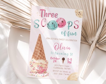 Ice Cream Birthday Invitation Three Scoops of Fun Invitation Ice Cream 3rd Birthday Party Invite 3 year old Editable Instant Digital I01