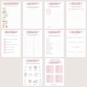 Puede incluir: Una colecci&oacute;n de juegos imprimibles para fiestas de cumplea&ntilde;os en papel blanco con detalles en rosa. Los juegos incluyen "Maie Ergi Dictionary", "Who Are ??", "Bucket List", "Tell a Tale", "Role and Respond" y "Birthday Abe".