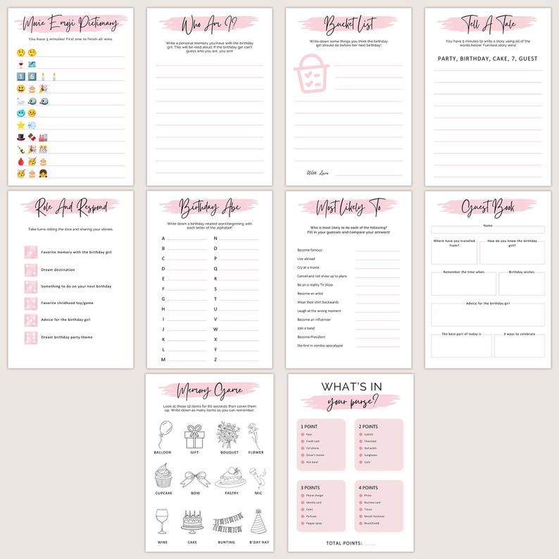 Puede incluir: Una colecci&oacute;n de juegos imprimibles para fiestas de cumplea&ntilde;os en papel blanco con detalles en rosa. Los juegos incluyen "Maie Ergi Dictionary", "Who Are ??", "Bucket List", "Tell a Tale", "Role and Respond" y "Birthday Abe".