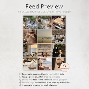 K&ouml;nnte beinhalten: Eine Social-Media-Feed-Vorschau-Oberfl&auml;che mit dem Text "Feed Preview" und "Visualisieren Sie Ihren Feed, bevor Sie ihn ver&ouml;ffentlichen." Die Oberfl&auml;che zeigt ein Raster von Lifestyle-Bildern. Zu den Funktionen geh&ouml;ren automatische Post-Anordnung und ein koh&auml;rentes Feed-Design.