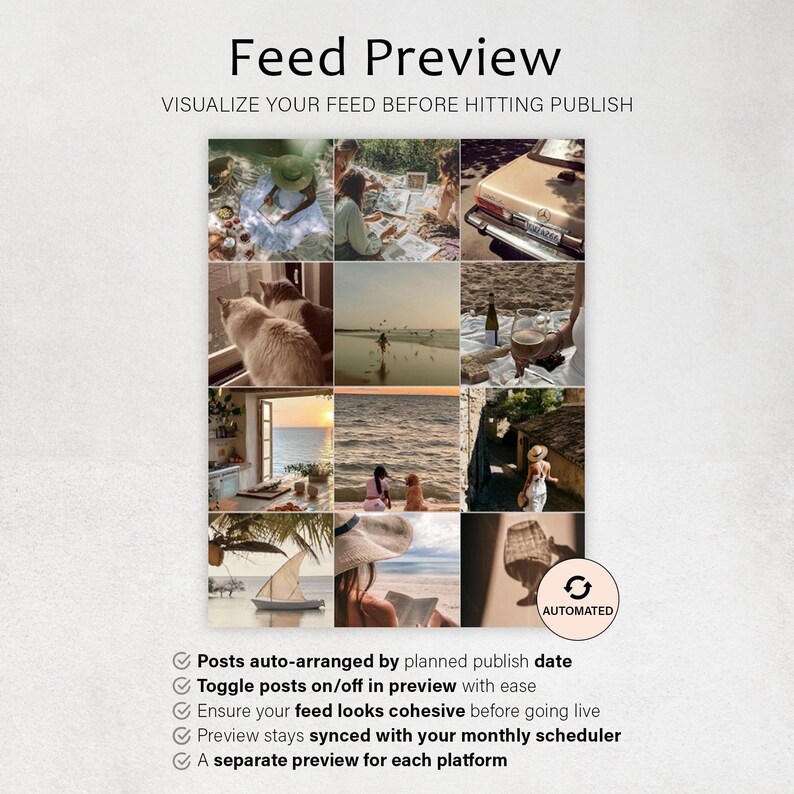 K&ouml;nnte beinhalten: Eine Social-Media-Feed-Vorschau-Oberfl&auml;che mit dem Text "Feed Preview" und "Visualisieren Sie Ihren Feed, bevor Sie ihn ver&ouml;ffentlichen." Die Oberfl&auml;che zeigt ein Raster von Lifestyle-Bildern. Zu den Funktionen geh&ouml;ren automatische Post-Anordnung und ein koh&auml;rentes Feed-Design.