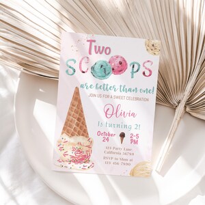Ice Cream Birthday Invitation Two Scoops Invitation Ice Cream 2nd Birthday Party Invite 2 year old Party Invite Editable Instant Digital I01