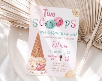 Ice Cream Birthday Invitation Two Scoops Invitation Ice Cream 2nd Birthday Party Invite 2 year old Party Invite Editable Instant Digital I01