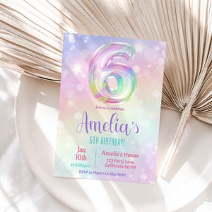 6e verjaardagsuitnodiging meisje 6e verjaardagsfeestje uitnodigen regenboog holografische zesde verjaardagsuitnodiging 6e vorm ballon bewerkbare instant R05