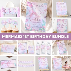 Oneder the Sea 誕生日招待状バンドル マーメイド 1歳の誕生日デコレーション マーメイド ファーストテーマパーティー 海の下の少女 編集可能 デジタル M02