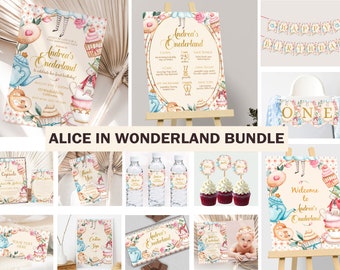 Alice in Wonderland Invitation Bundle Onederland Birthday Decoration Whimsical Mad Tea Party Decor First Birthday 1st EDITABLE Digital A01