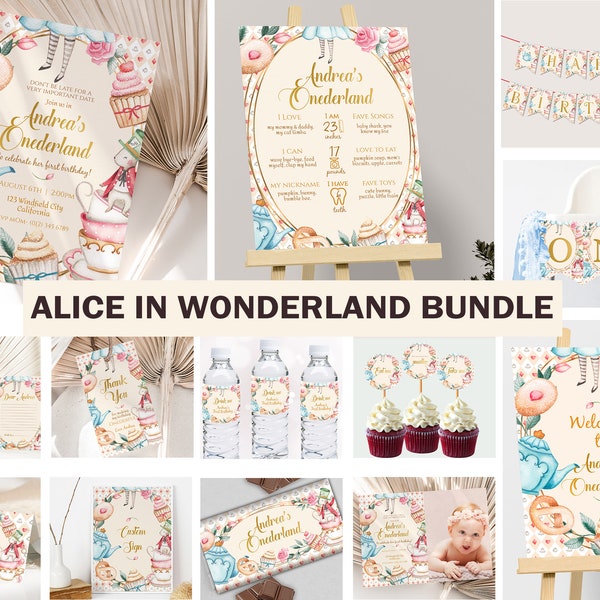 Alice im Wunderland Einladung Bundle Onederland Geburtstag Dekoration Wunderlich Mad Tea Party Decor Erster Geburtstag 1. EDITIERBAR Digital A01