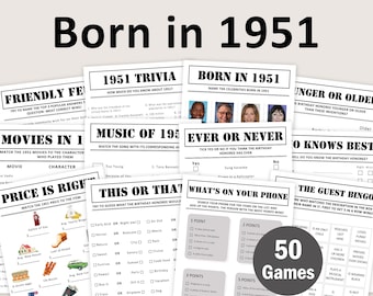 75th Birthday Games Bundle 75th Birthday Party Games 1951 Trivia Born in 1951 75 Year Old Men Women Him Her Quiz EDITABLE Instant Digital