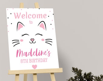 Cat Birthday Welcome Sign Kitten Party Welcome Sign Kitty Cat Welcome Sign Girl Pink Cat Welcome Poster EDITABLE Instant Download K01