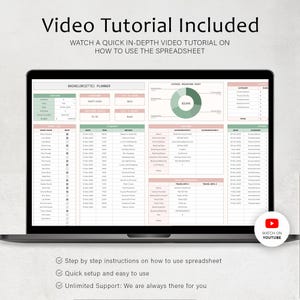 May include: A laptop screen showing a spreadsheet labelled "Bachelor(ette) Planner." The display includes tables for guest lists, dates, and costs. The text "Video Tutorial Included" is at the top. A YouTube icon is visible.