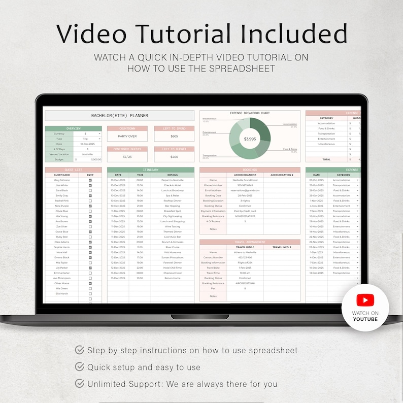 May include: A laptop screen showing a spreadsheet labelled "Bachelor(ette) Planner." The display includes tables for guest lists, dates, and costs. The text "Video Tutorial Included" is at the top. A YouTube icon is visible.