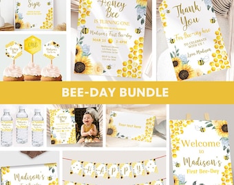 Bee Birthday Invitation Bundle Bee Day Party Decorations Bee Birthday Party Theme Bee Party Kit Pack Printables EDITABLE Instant Digital B03