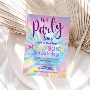 Tie Dye Birthday Invitation Rainbow Tie-Dye Party Invite Girl Birthday Invitation EDITABLE Template Instant Digital Download Printable T02