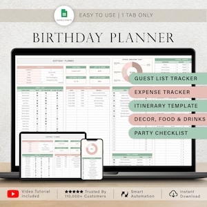 May include: A digital birthday planner displayed on a laptop, tablet, and phone. The screen shows a spreadsheet with sections for guest lists, expenses, and party details. Text includes "Birthday Planner," "Guest List Tracker," and "Expense Tracker."
