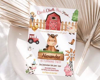 Bearbeitbare Geburtstagseinladung Bauernhof Tiere Barnhoftiere Scheunentiere Jungen-Geburtstagsfeier-Einladungsvorlage Ranch Invite Digital F03