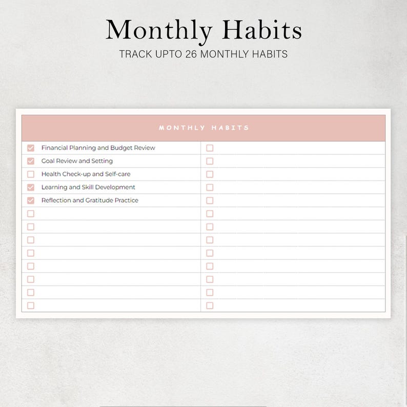 May include: A printable planner page with the title "Monthly Habits" and the text "Track up to 26 Monthly Habits." The planner includes checkboxes for tracking habits such as financial planning, goal setting, and self-care.