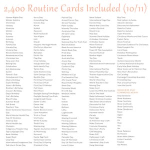 Pu&ograve; includere: Un elenco digitale intitolato 2,400 Routine Cards Included (10/11) che presenta colonne di testo. L'elenco contiene varie festivit&agrave;, eventi stagionali e suggerimenti di comunicazione comportamentale come Human Rights Day, Christmas, Birthday, Help e Say Please.