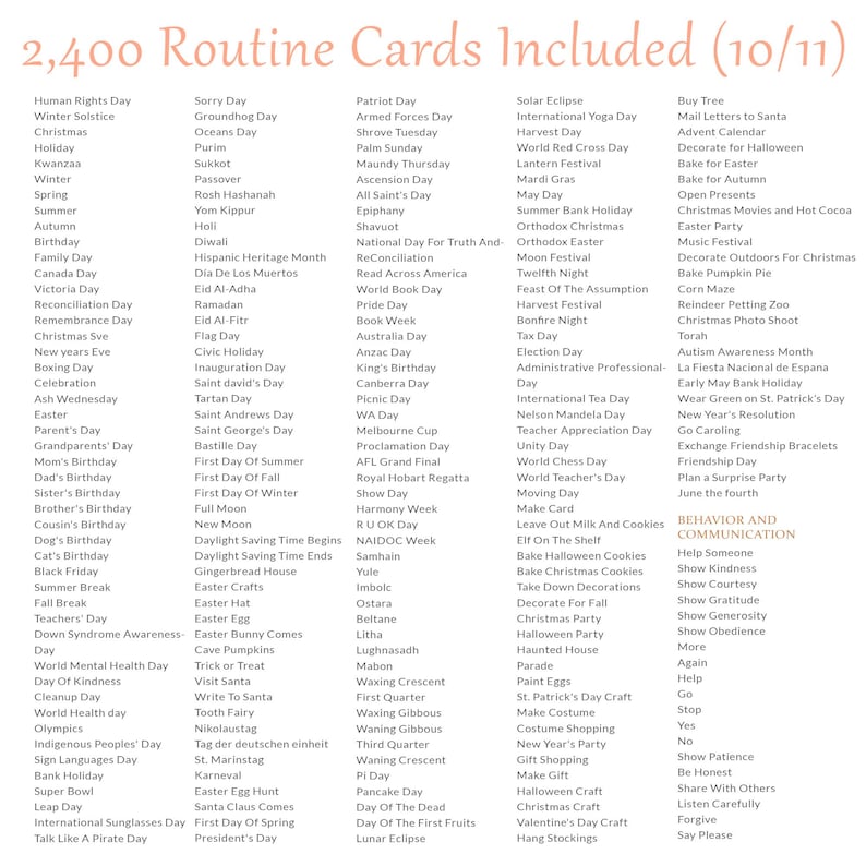Pu&ograve; includere: Un elenco digitale intitolato 2,400 Routine Cards Included (10/11) che presenta colonne di testo. L'elenco contiene varie festivit&agrave;, eventi stagionali e suggerimenti di comunicazione comportamentale come Human Rights Day, Christmas, Birthday, Help e Say Please.