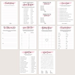 Puede incluir: Una colecci&oacute;n de juegos imprimibles para fiestas de cumplea&ntilde;os en papel blanco con detalles en rosa. Los juegos incluyen "Favorite Memory", "Happy Birthday Around the World", "Wishes for the Birthday Girl" y "Over or Under".