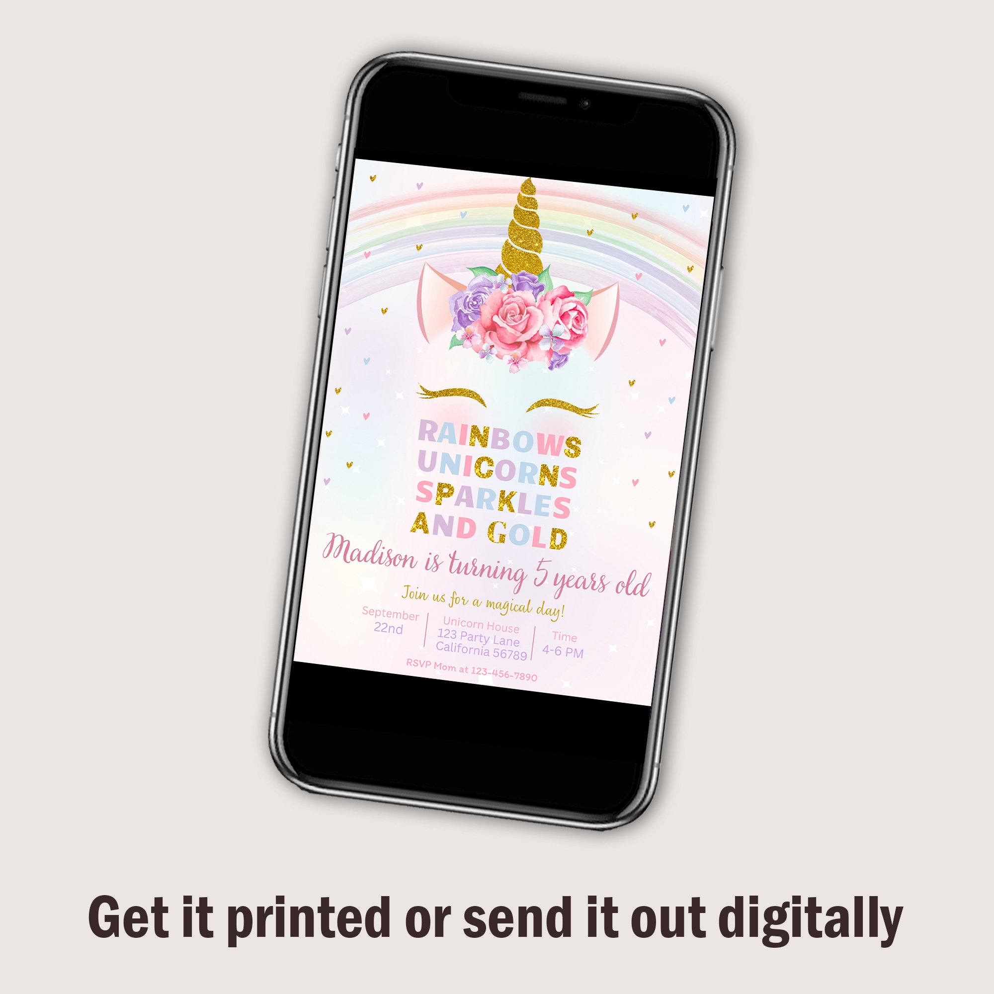Unicorn Rainbow Birthday Invitation Unicorns Rainbows Sparkles and Gold ...