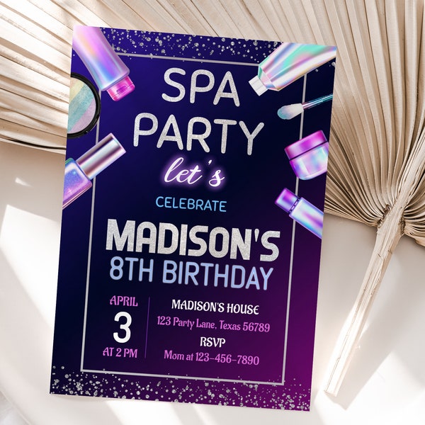 Spa Party Invitation Spa Birthday Party Invite Girls Spa Party Girl Glitter Glam Party Invite Silver EDITABLE Template Instant Download S08