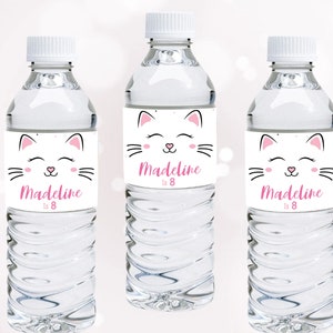 Etiquettes pour bouteille d'eau chat Emballages pour bouteilles chaton Decor Kitty décoration de fête d'anniversaire chaton Wraps chat thème MODIFIABLE Instant Digital K01