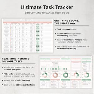 May include: A digital task tracker with the title "Ultimate Task Tracker" and the tagline "Simplify and Organize Your To-Do." The image shows detailed task lists, charts, and graphs for tracking progress, due dates, and task prioritization.