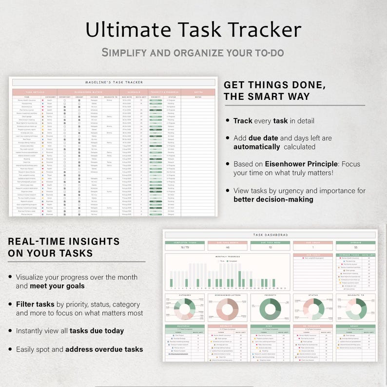 May include: A digital task tracker with the title "Ultimate Task Tracker" and the tagline "Simplify and Organize Your To-Do." The image shows detailed task lists, charts, and graphs for tracking progress, due dates, and task prioritization.