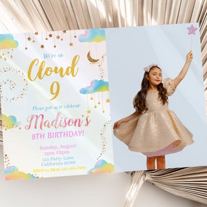 On Cloud 9 Birthday Invitation with Photo Cloud 9 Invitation Picture Cloud Nine Birthday Invitation Girl 9th Editable Instant Digital C05