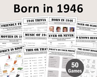 May include: A collection of printable party games with the text "Born in 1946". The games include trivia, bingo, and "This or That" questions. The image also includes the text "Instant Download - Editable" and "50 Games".