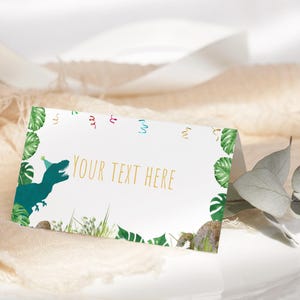 Tienda de comida con forma de dinosaurio de tres Rex, etiqueta de comida de dinosaurio, decoración de fiesta con forma de T-Rex, etiquetas de comida, etiqueta de buffet, decoración de mesa, tarjeta de lugar editable