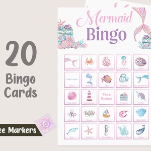 Mermaid Bingo Game 20 Cards Mermaid Party Games Under the Sea Birthday Games Mermaid Bingo Cards Mermaid Girl Activities Instant Digital M02