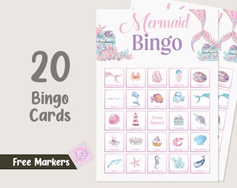 Mermaid Bingo Game 20 Cards Mermaid Party Games Under the Sea Birthday Games Mermaid Bingo Cards Mermaid Girl Activities Instant Digital M02
